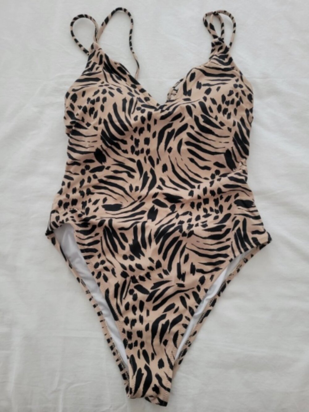 Target Womens Beige Animal Print One Piece Swimsuit Small Size Strappy V Neck